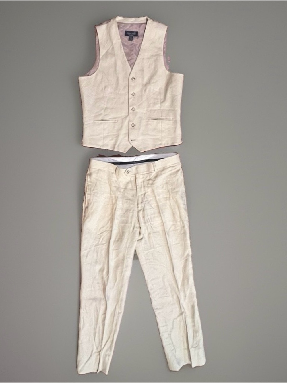Pronto Uomo Mens Linen 2 Pc Suit -Vest Medium Beige Pants 34x29 Summer Beach